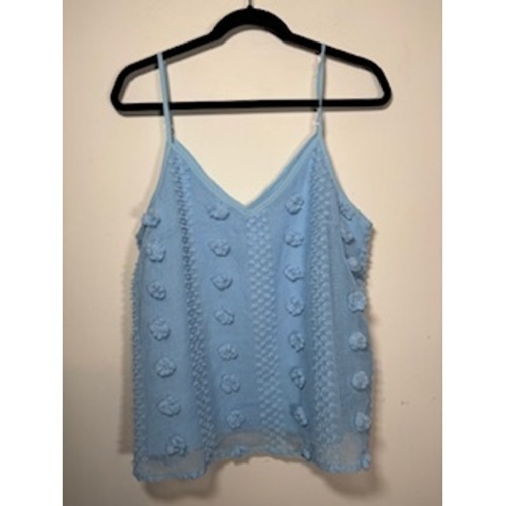 &Merci Cami Top Blue Pom Pom Textured V-Neck Adjustable Straps Romantic Large